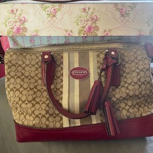Coach red/tan leather & Fabric Satchel